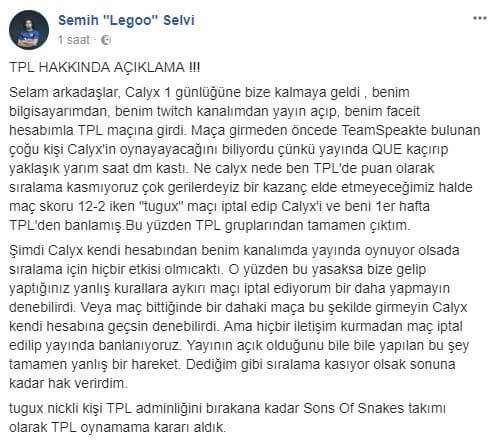 Semih Lego Selvi - Türkiye Pro Lig Hk. Facebook Gönderisi