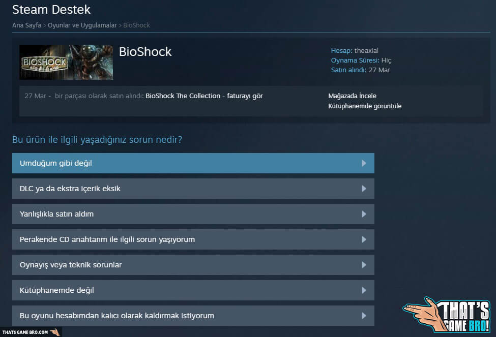 Steam İade Etme - Sorun Seçimi